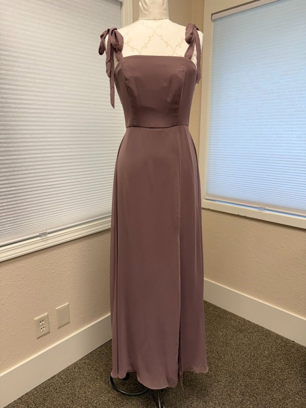 Dessy Collection 3042 Tie-Strap Chiffon Dress Front Slit French Truffle Size 4 - Picture 3 of 4